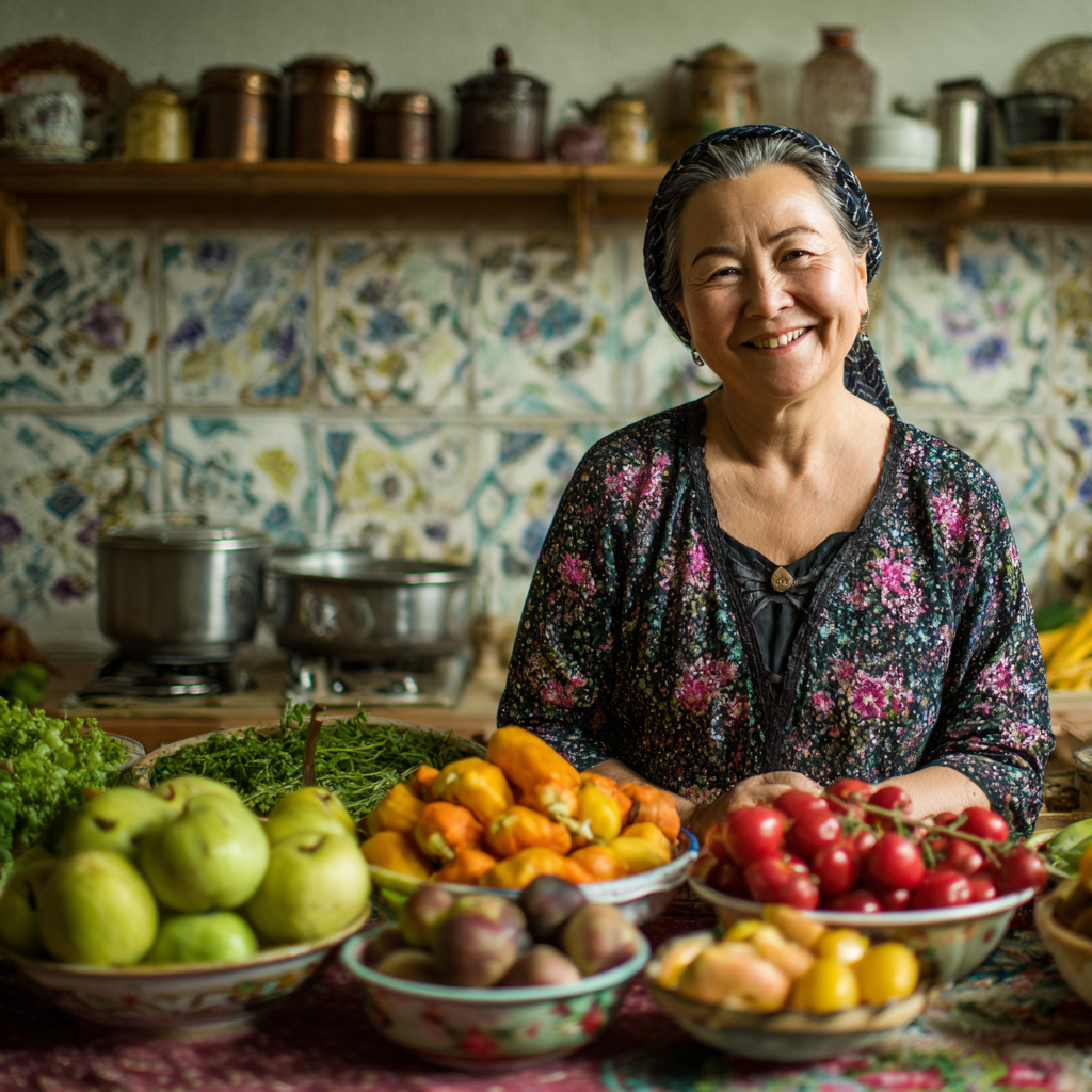 Middle-aged Uzbek professional planning weekly meals with colorful vegetables and grains, showcasing organized nutrition approach