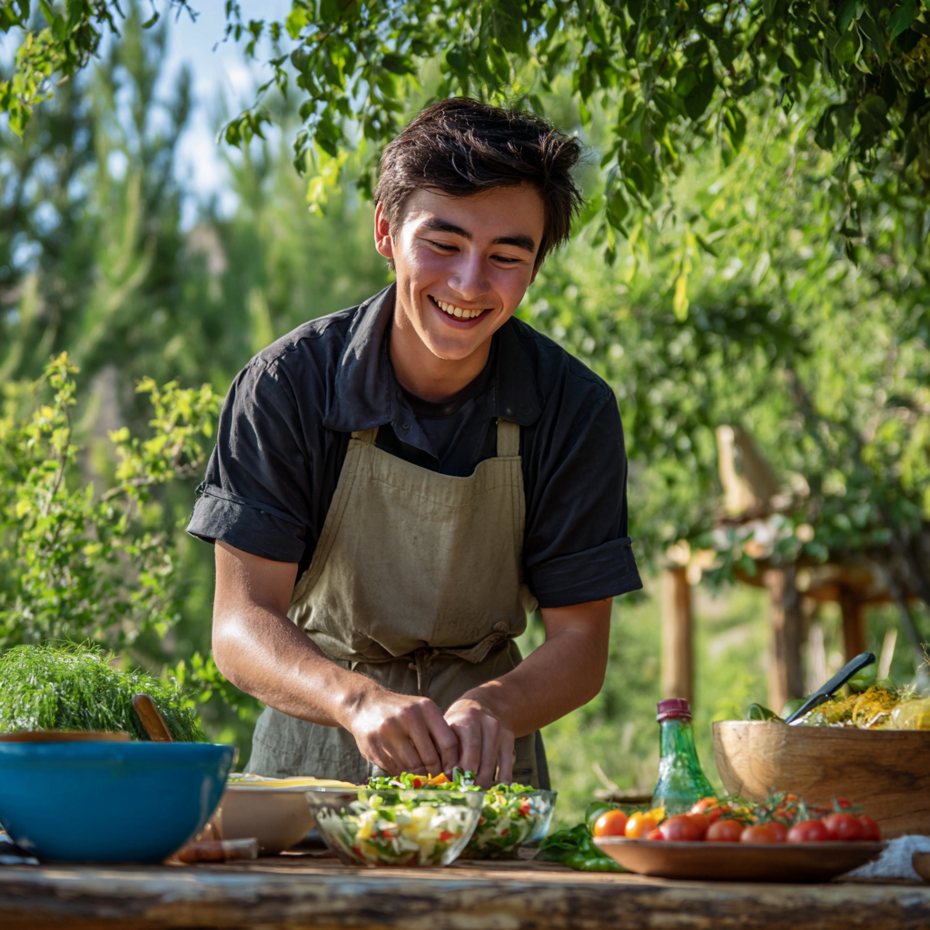 Young Uzbek adult organizing weekly meal prep with fresh ingredients and containers, demonstrating practical nutrition planning